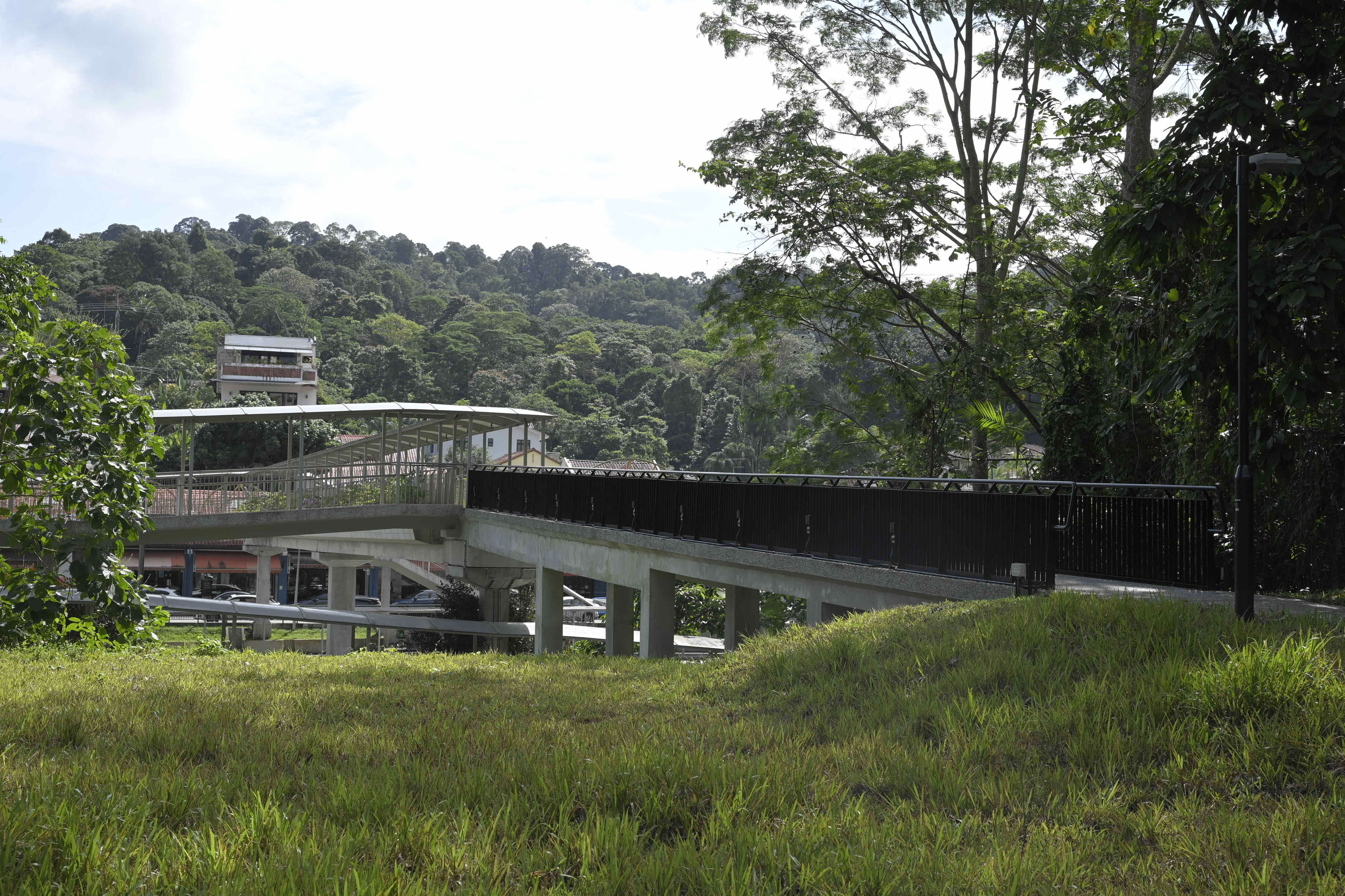 A pedestrian bridge extends over a grassy area with a forested hillside and buildings in the background.
